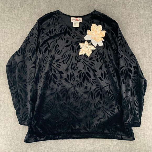 Vintage‎ Bridge BG Gate Black Satin Over Sized Blouse Long Sleeve Medium Floral - Picture 2 of 12